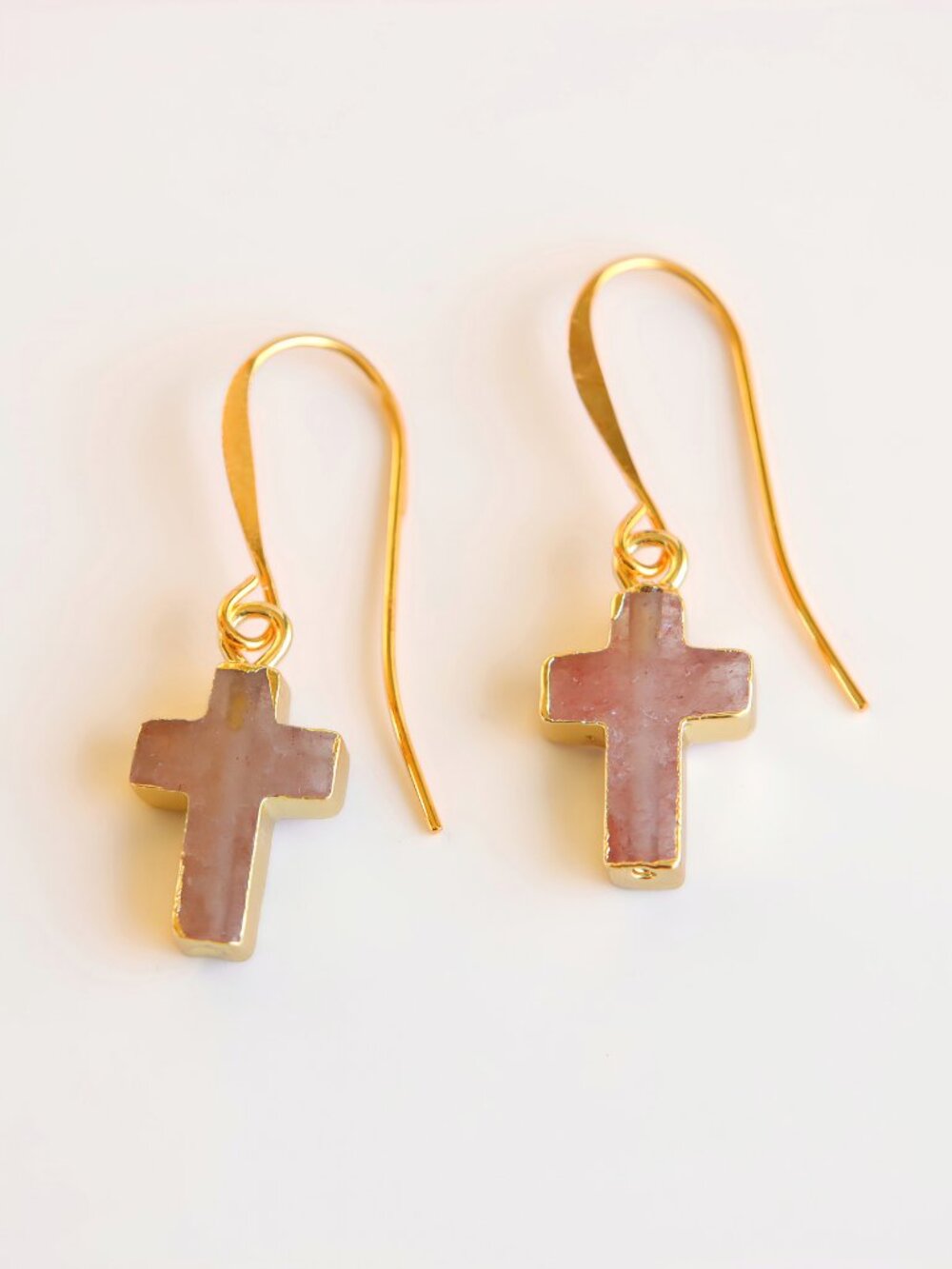 Rose Quartz Dangle Cross Earrings